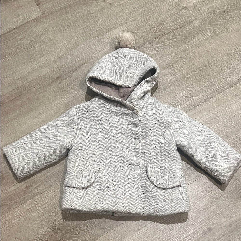 Zara Gray Kids Pea Coat with Pom-Pom Hood